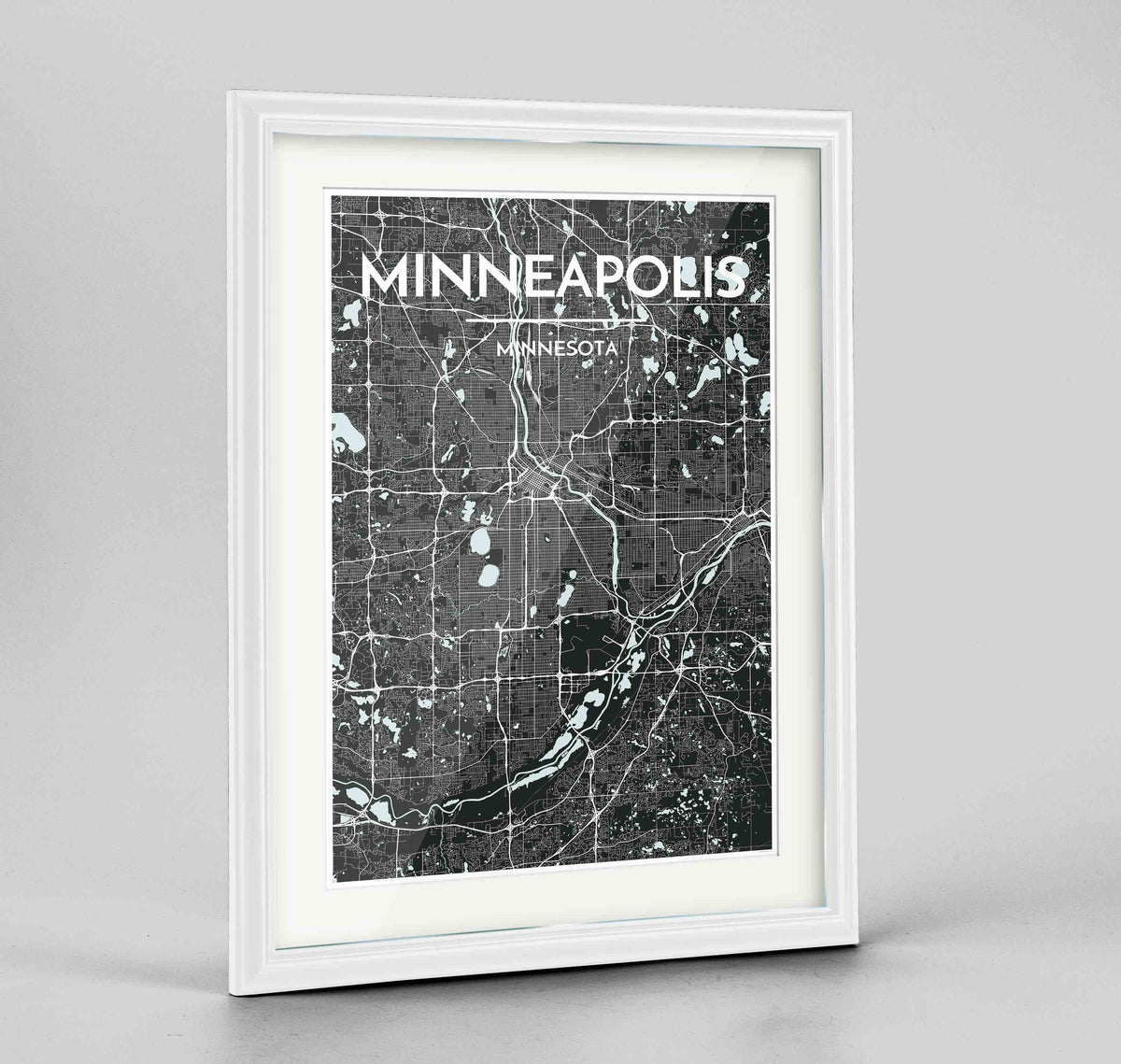 Framed Minneapolis Map Art Print 24x36&quot; Traditional White frame Point Two Design Group