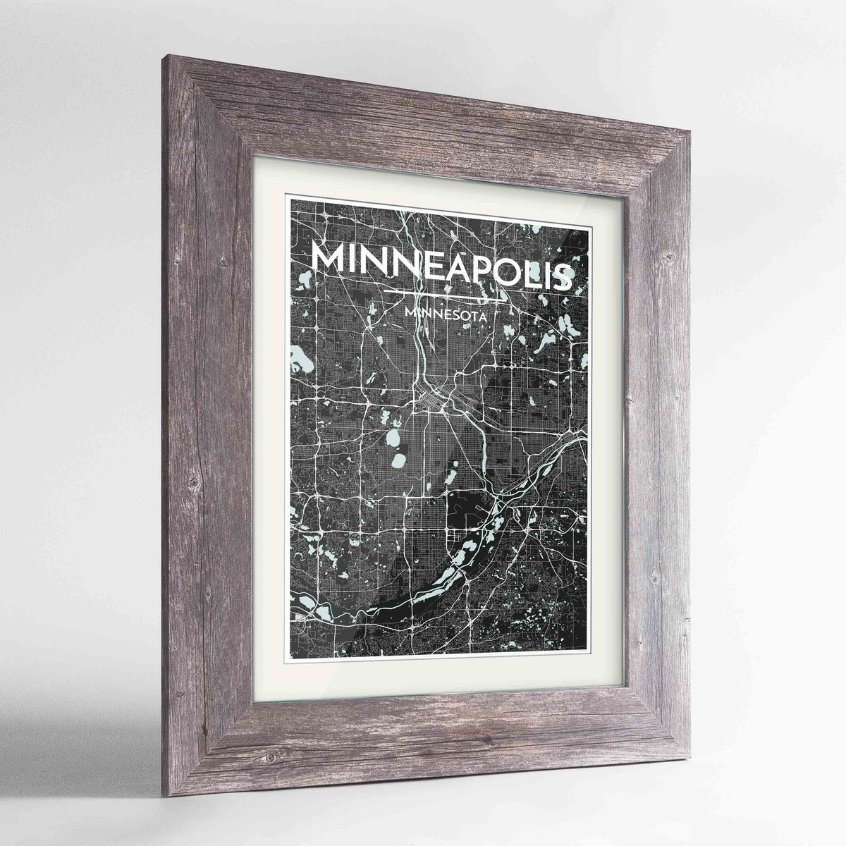 Framed Minneapolis Map Art Print 24x36&quot; Western Grey frame Point Two Design Group