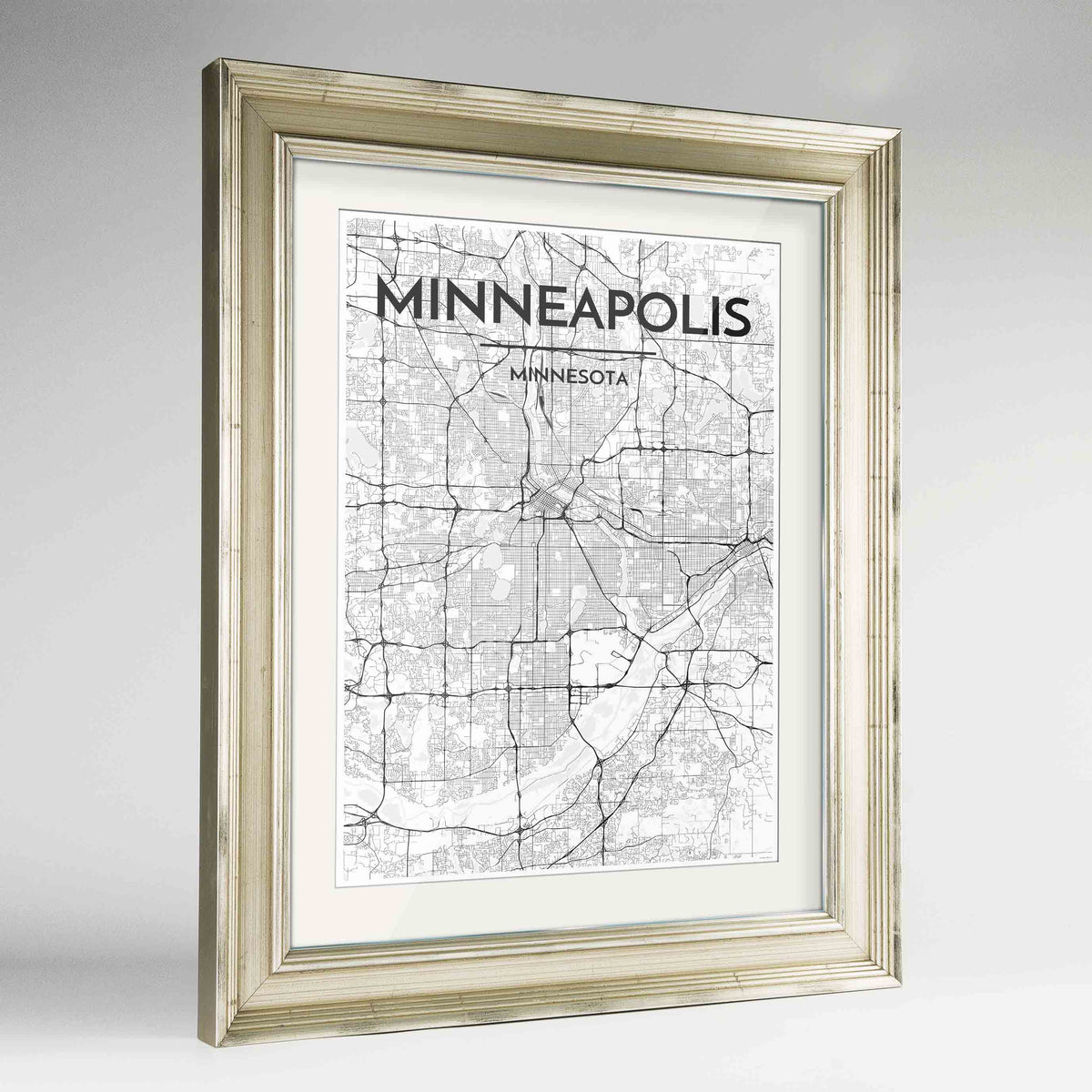 Framed Minneapolis Map Art Print 24x36&quot; Champagne frame Point Two Design Group