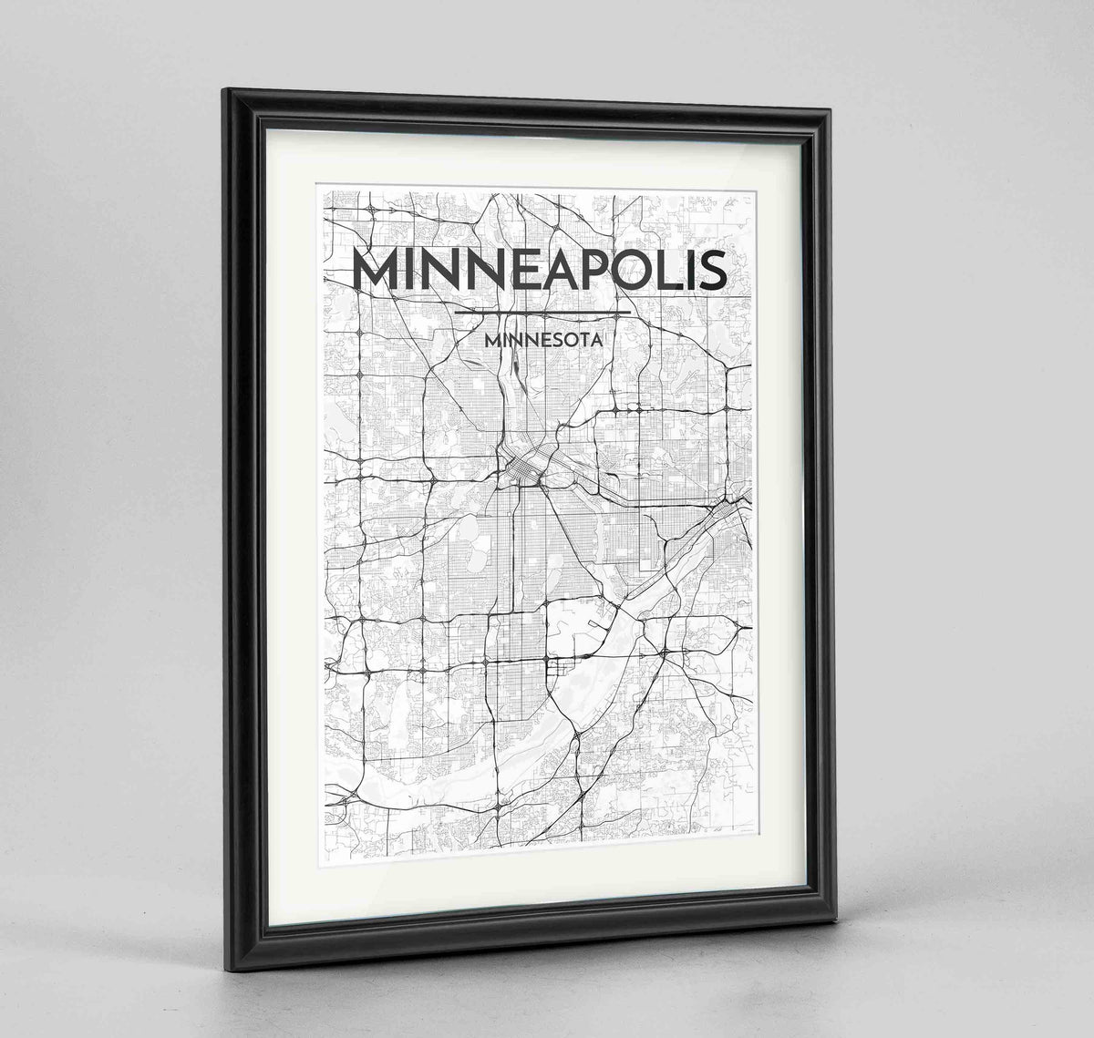 Framed Minneapolis Map Art Print 24x36&quot; Traditional Black frame Point Two Design Group