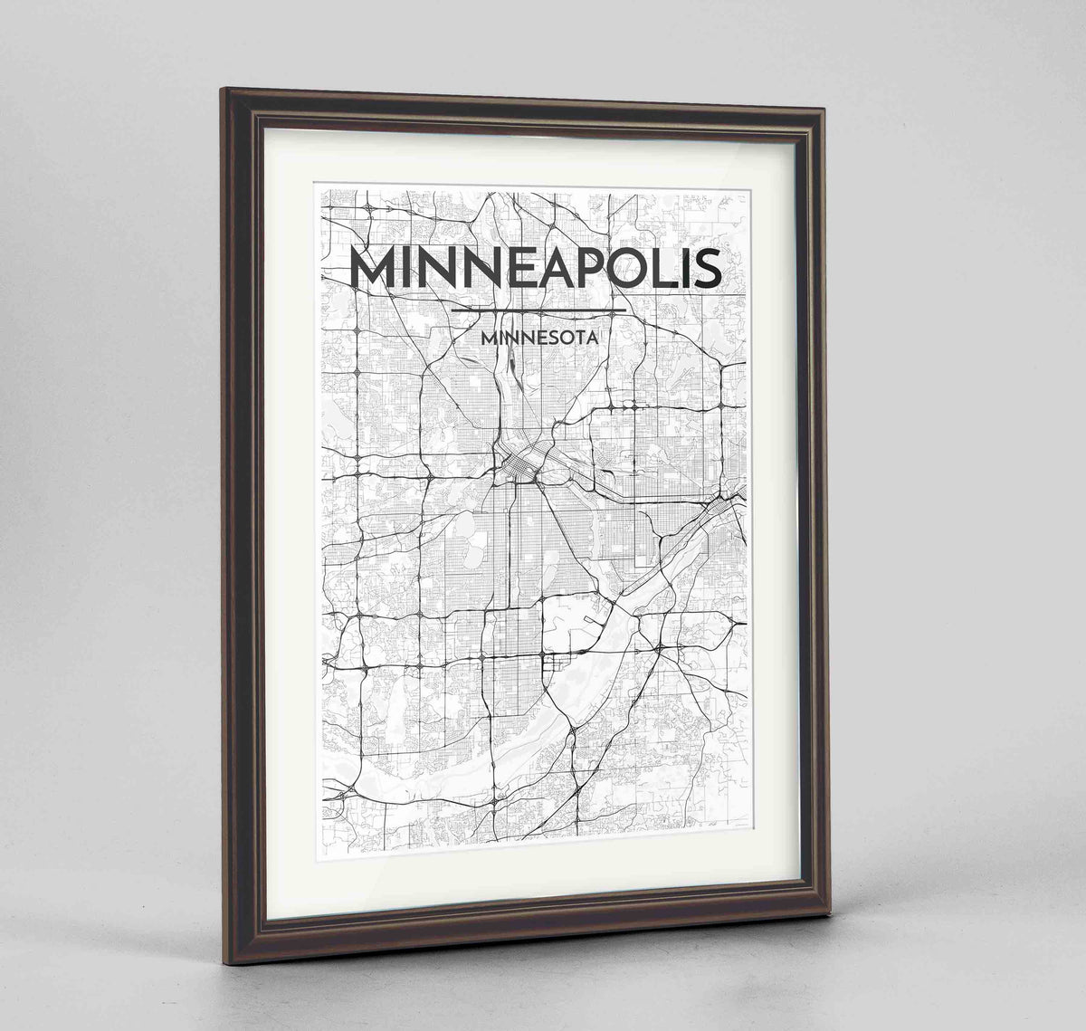 Framed Minneapolis Map Art Print 24x36&quot; Traditional Walnut frame Point Two Design Group