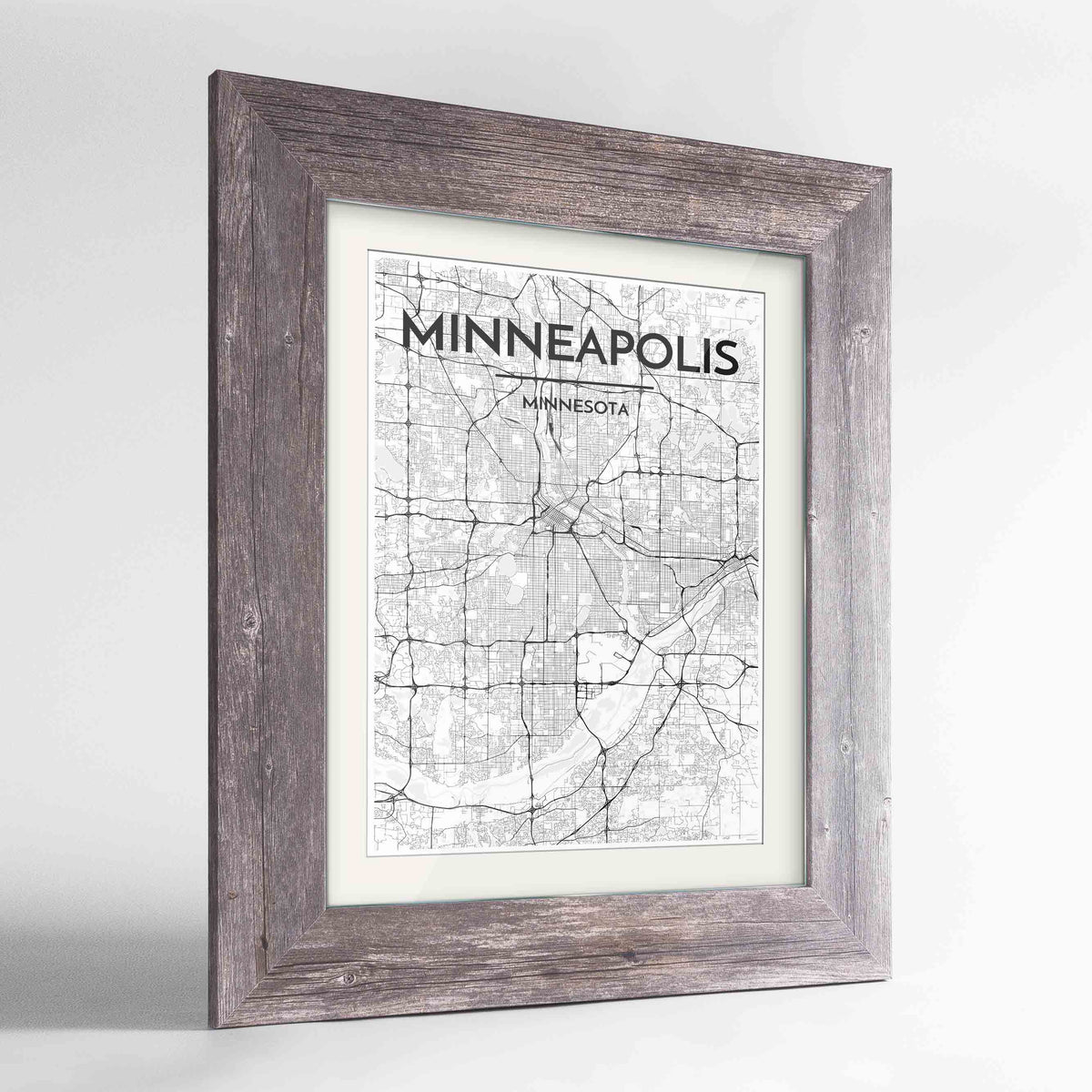 Framed Minneapolis Map Art Print 24x36&quot; Western Grey frame Point Two Design Group