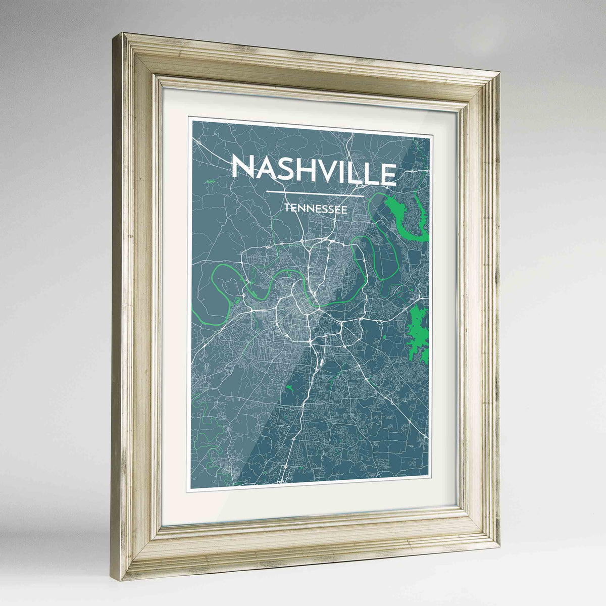 Framed Nashville Map Art Print 24x36&quot; Champagne frame Point Two Design Group