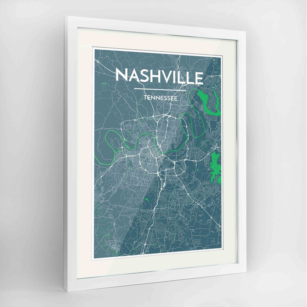 Framed Nashville Map Art Print 24x36&quot; Contemporary White frame Point Two Design Group
