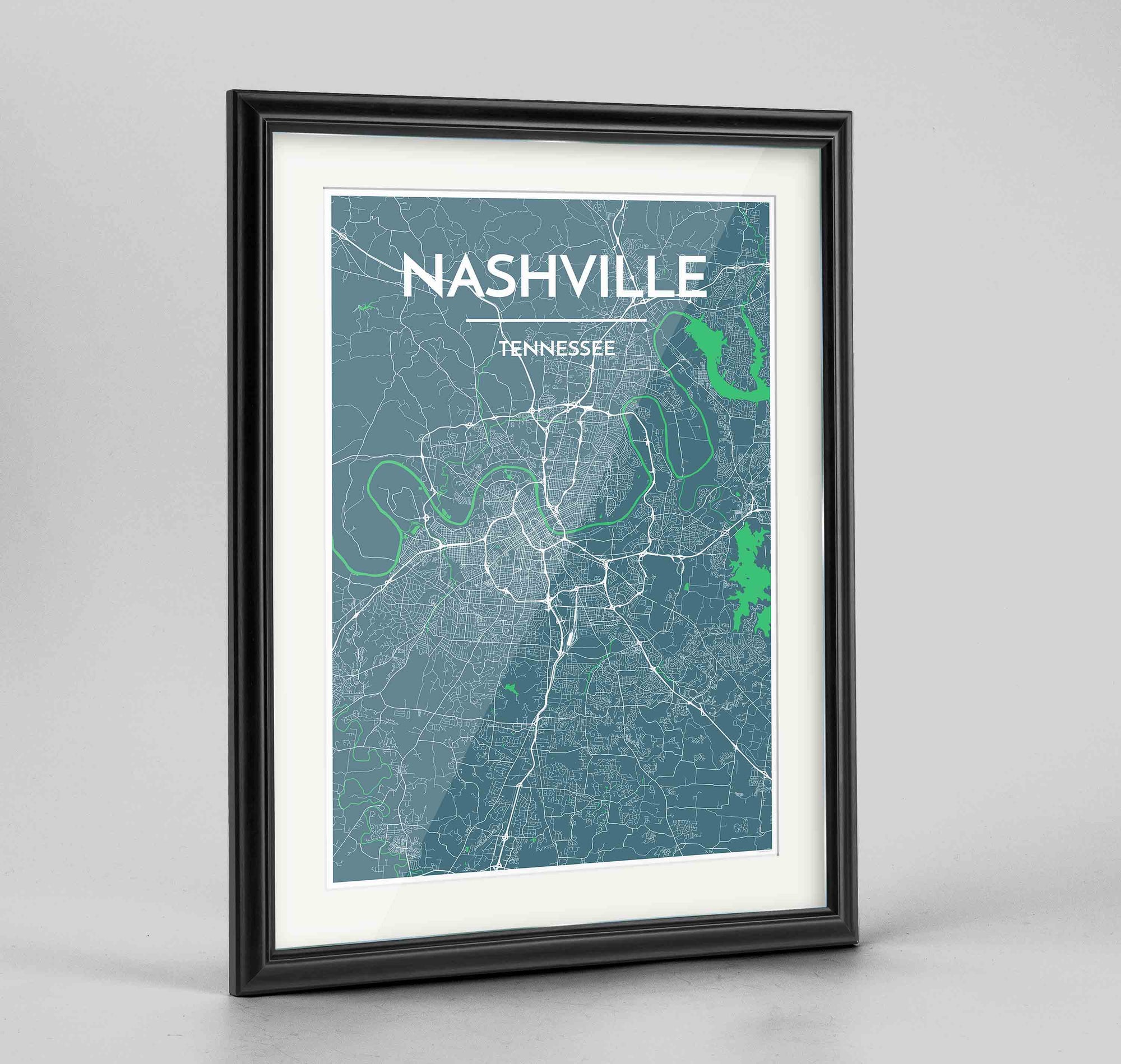 Framed Nashville Map Art Print 24x36" Traditional Black frame Point Two Design Group