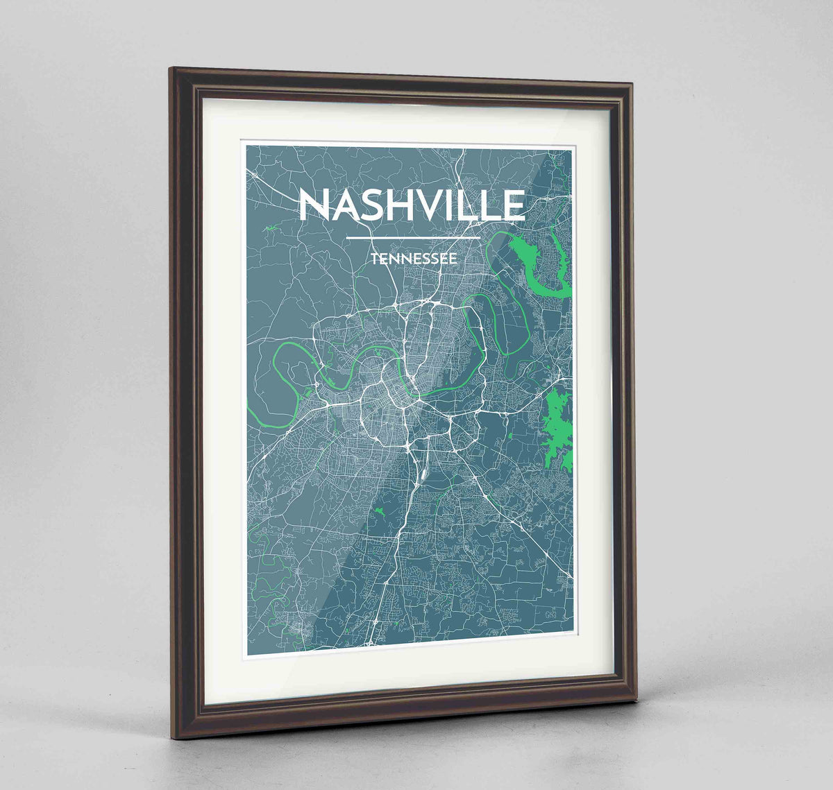 Framed Nashville Map Art Print 24x36&quot; Traditional Walnut frame Point Two Design Group
