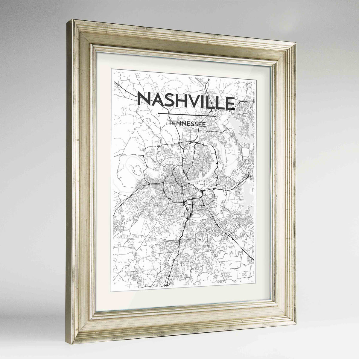Framed Nashville Map Art Print 24x36&quot; Champagne frame Point Two Design Group