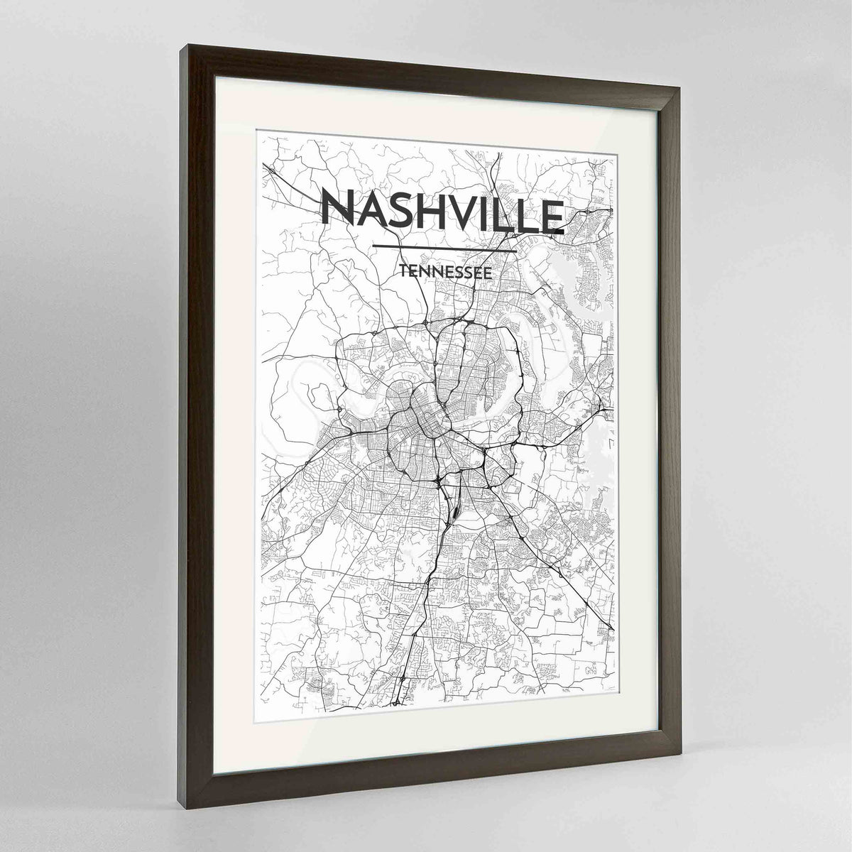 Framed Nashville Map Art Print 24x36&quot; Contemporary Walnut frame Point Two Design Group