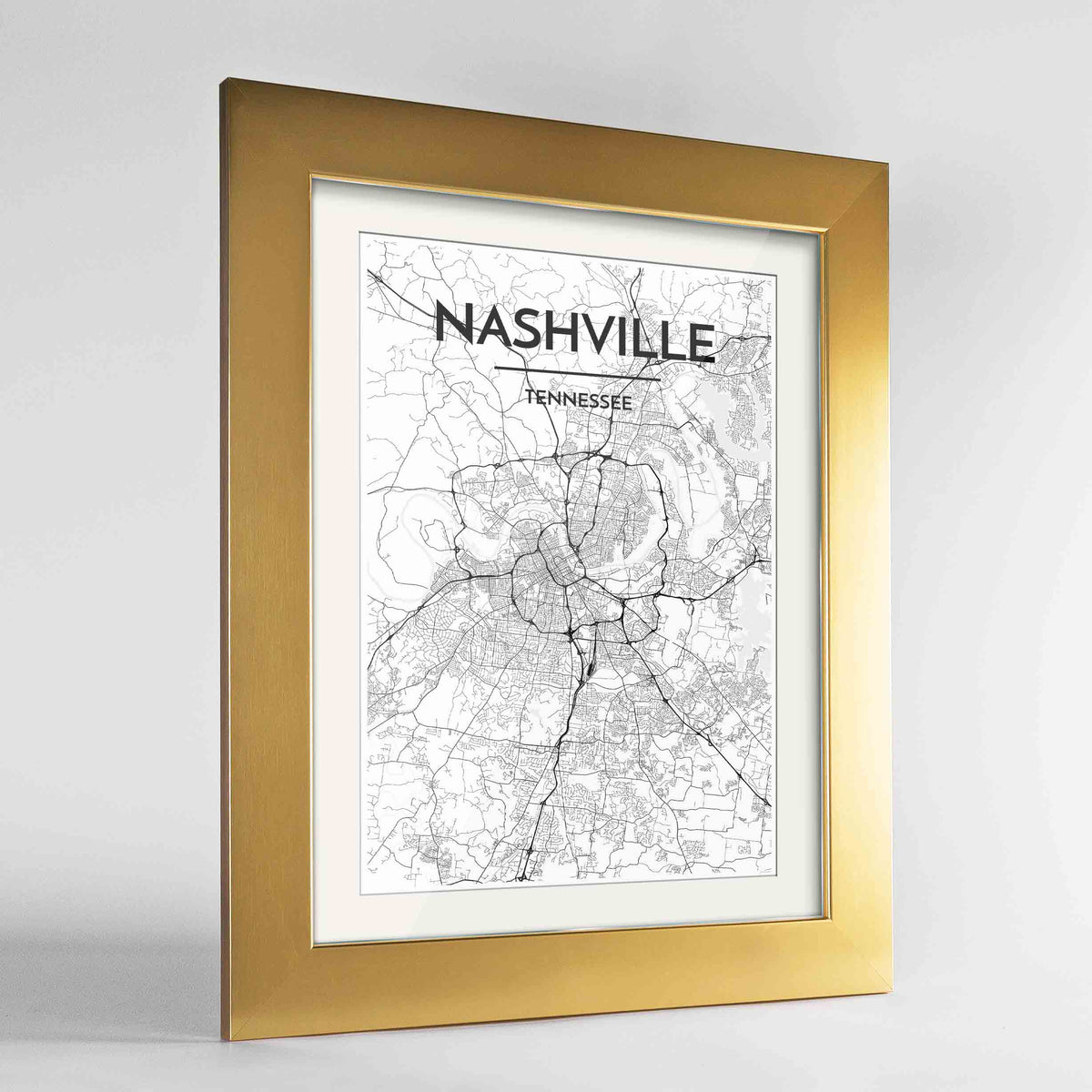 Framed Nashville Map Art Print 24x36&quot; Gold frame Point Two Design Group