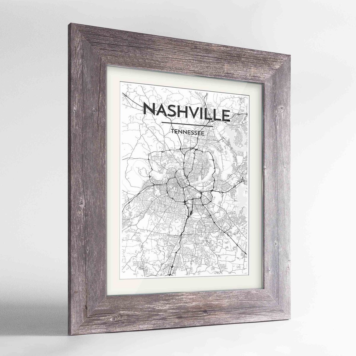 Framed Nashville Map Art Print 24x36&quot; Western Grey frame Point Two Design Group
