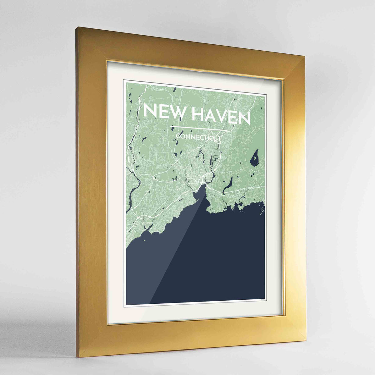 Framed New Haven Map Art Print 24x36&quot; Gold frame Point Two Design Group