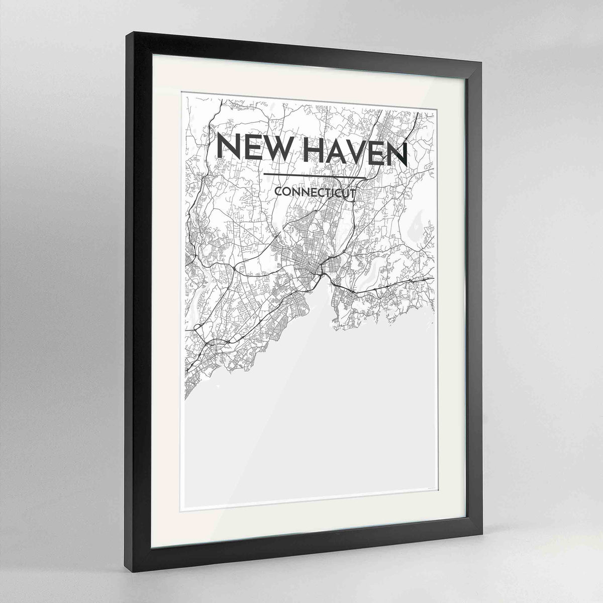 Framed New Haven Map Art Print 24x36&quot; Contemporary Black frame Point Two Design Group