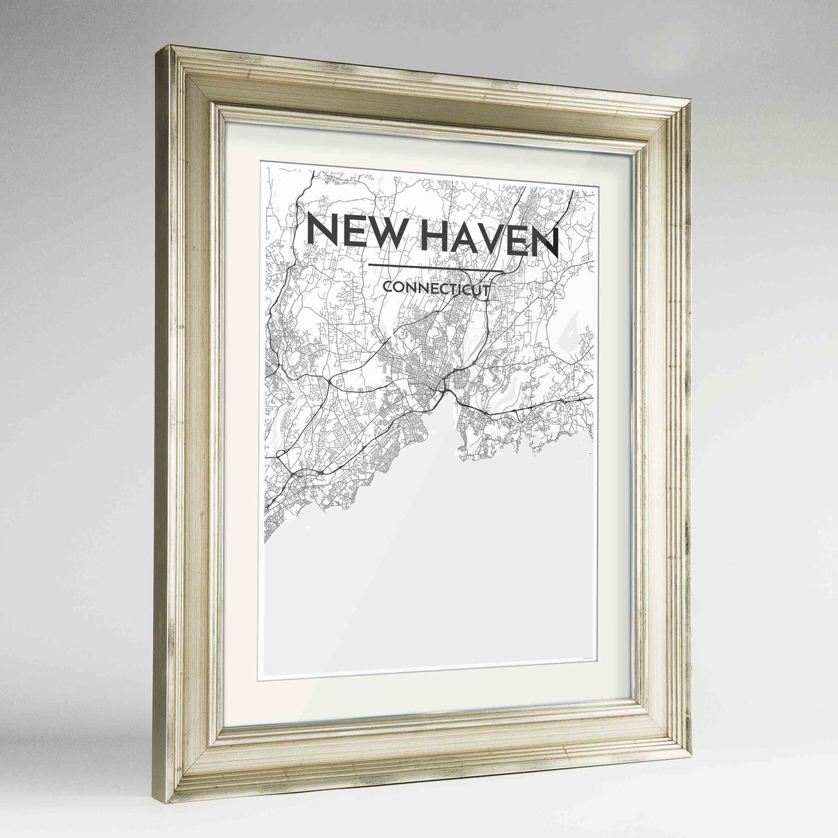 Framed New Haven Map Art Print 24x36&quot; Champagne frame Point Two Design Group
