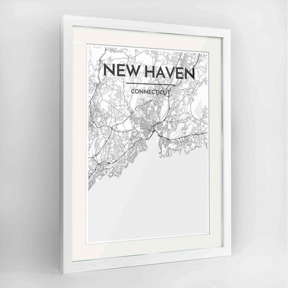 Framed New Haven Map Art Print 24x36&quot; Contemporary White frame Point Two Design Group