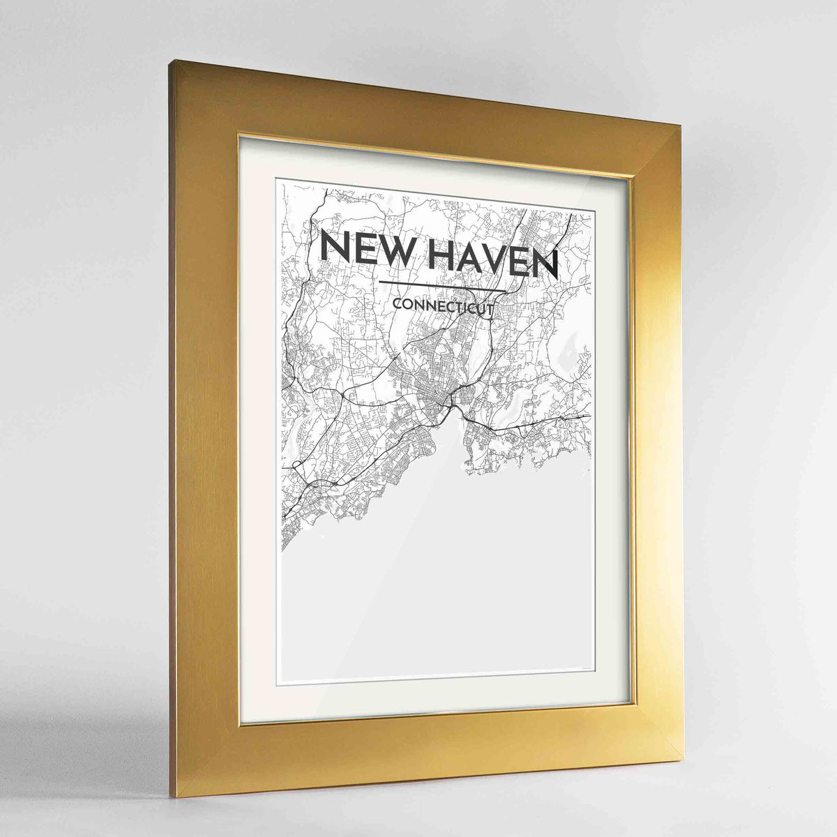 Framed New Haven Map Art Print 24x36&quot; Gold frame Point Two Design Group