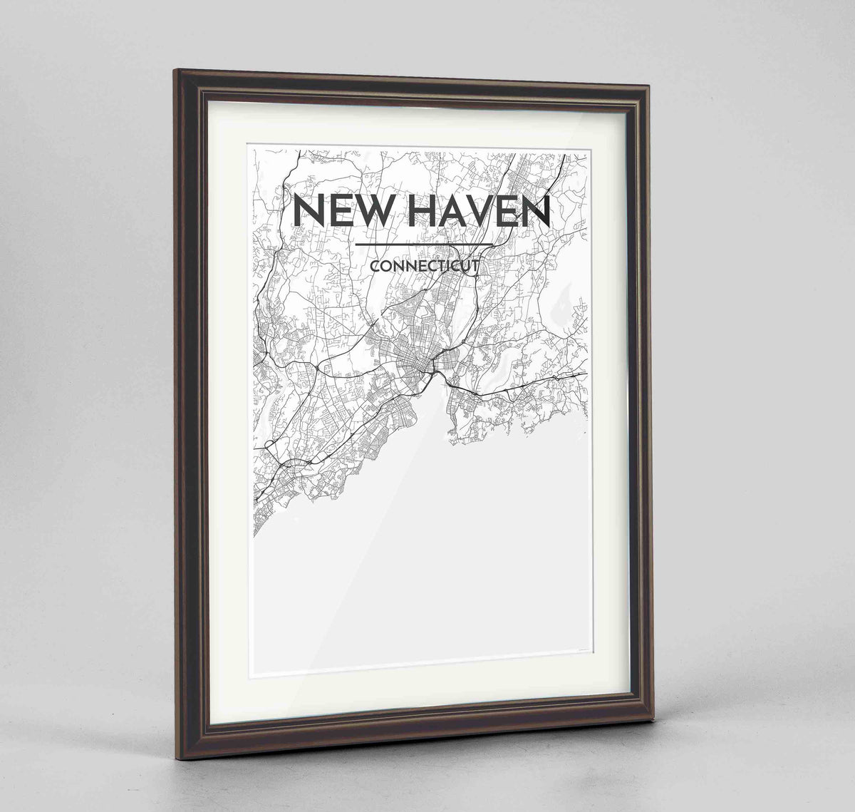 Framed New Haven Map Art Print 24x36&quot; Traditional Walnut frame Point Two Design Group