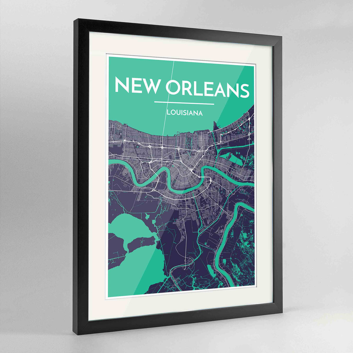 Framed New Orleans Map Art Print 24x36&quot; Contemporary Black frame Point Two Design Group
