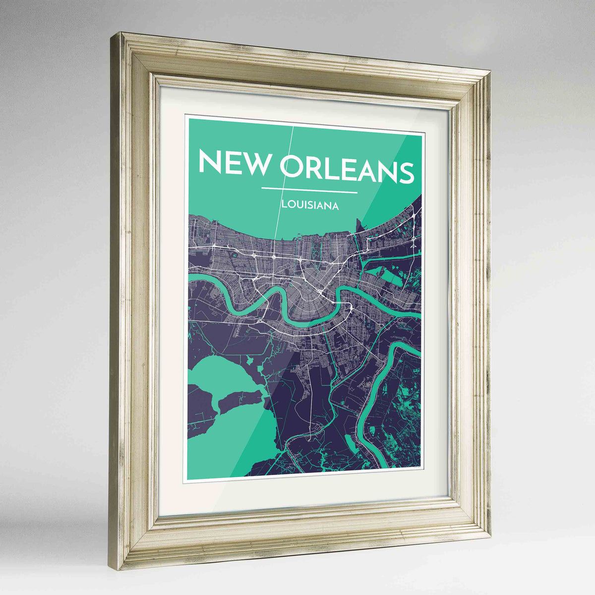 Framed New Orleans Map Art Print 24x36&quot; Champagne frame Point Two Design Group