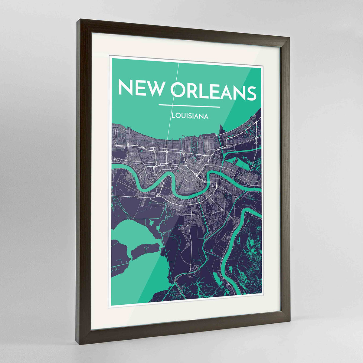 Framed New Orleans Map Art Print 24x36&quot; Contemporary Walnut frame Point Two Design Group