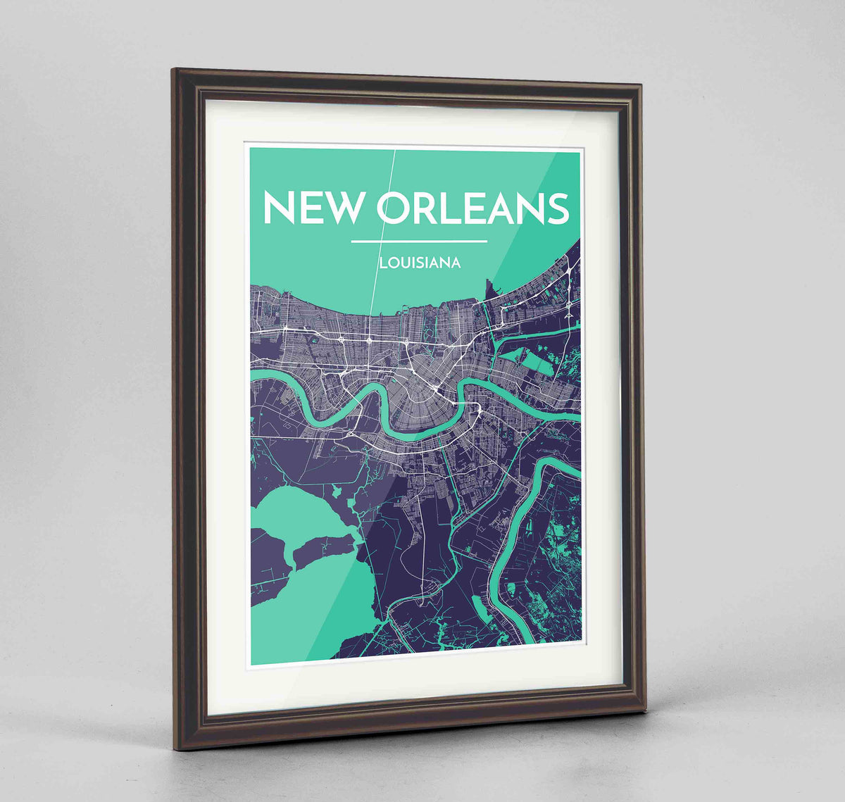 Framed New Orleans Map Art Print 24x36&quot; Traditional Walnut frame Point Two Design Group