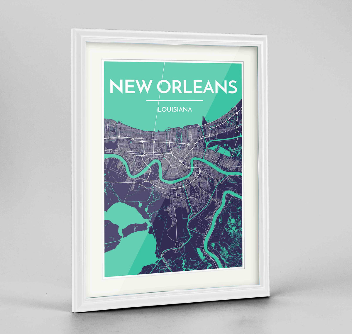 Framed New Orleans Map Art Print 24x36&quot; Traditional White frame Point Two Design Group