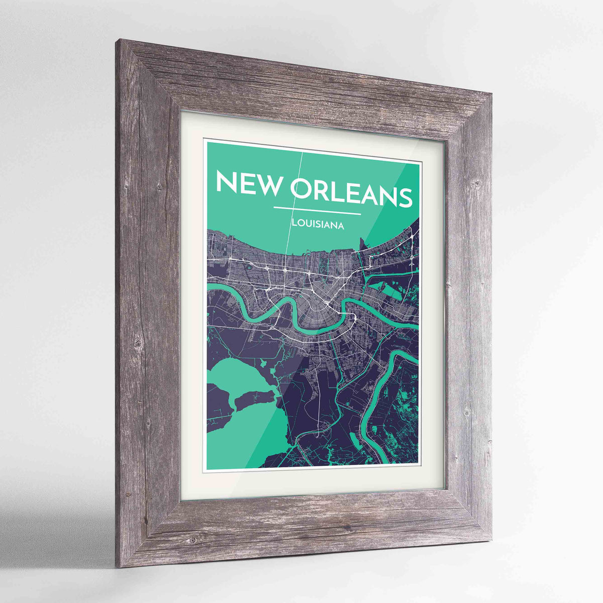 Framed New Orleans Map Art Print 24x36&quot; Western Grey frame Point Two Design Group