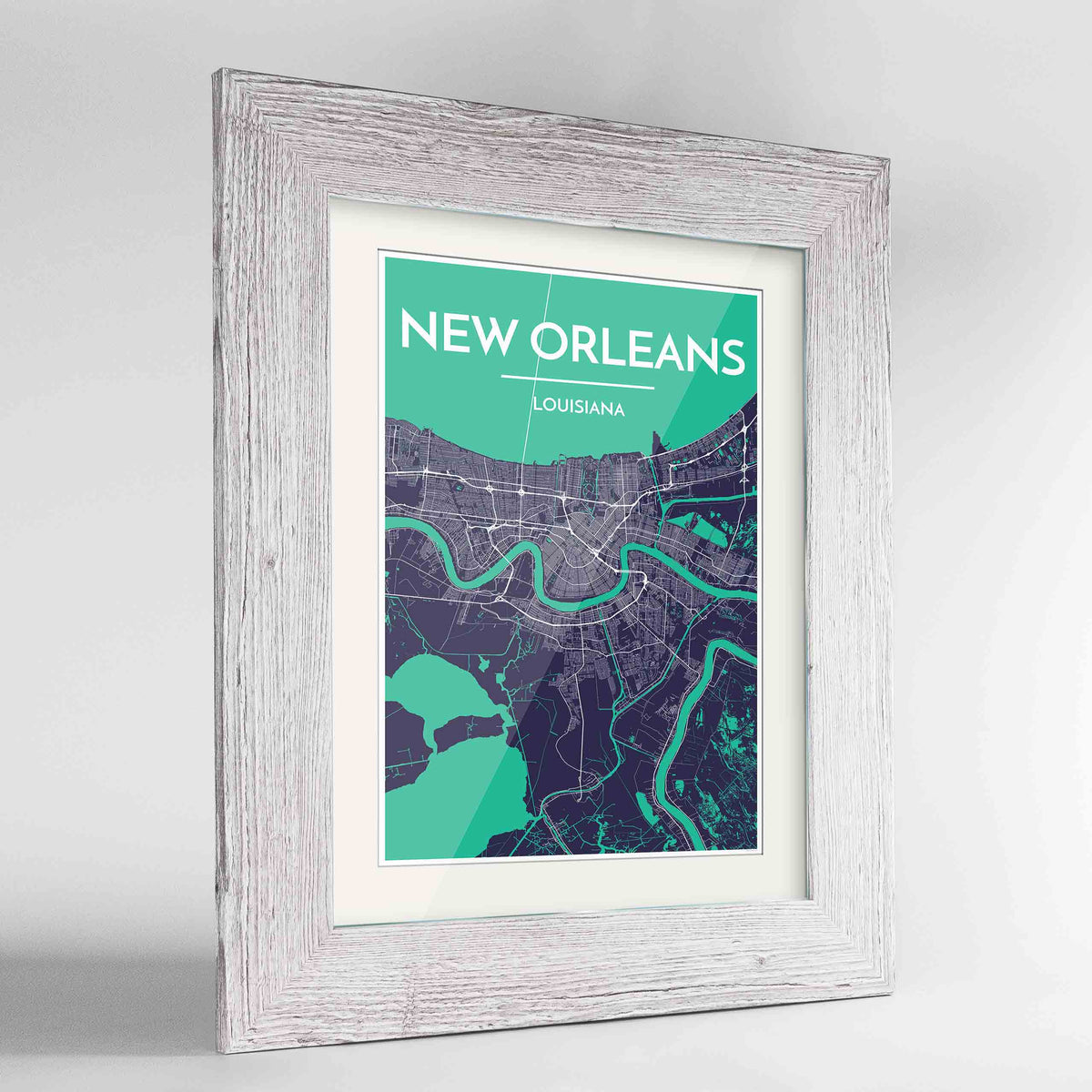 Framed New Orleans Map Art Print 24x36&quot; Western White frame Point Two Design Group