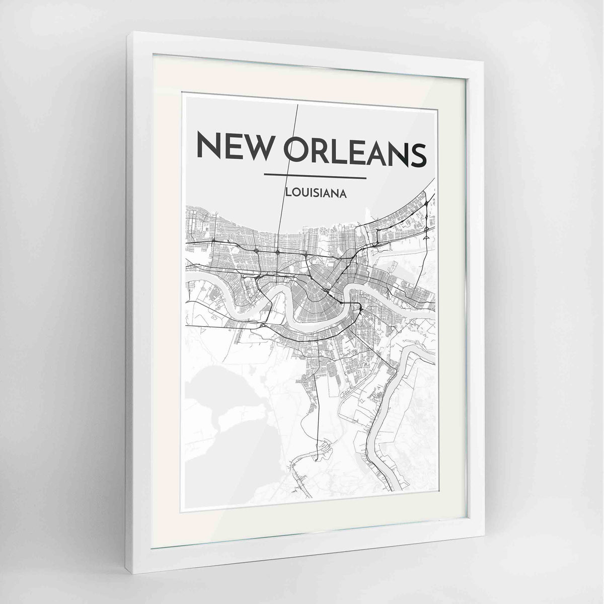 Framed New Orleans Map Art Print 24x36&quot; Contemporary White frame Point Two Design Group