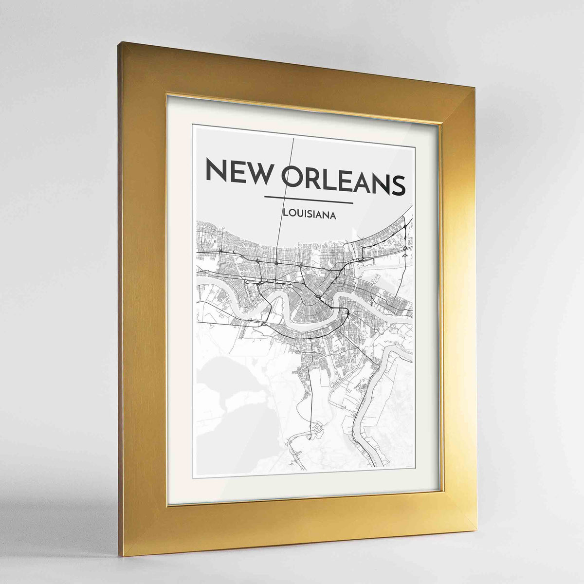 Framed New Orleans Map Art Print 24x36&quot; Gold frame Point Two Design Group
