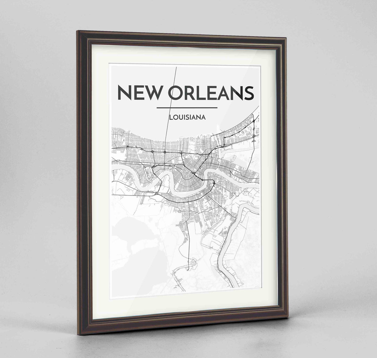 Framed New Orleans Map Art Print 24x36&quot; Traditional Walnut frame Point Two Design Group