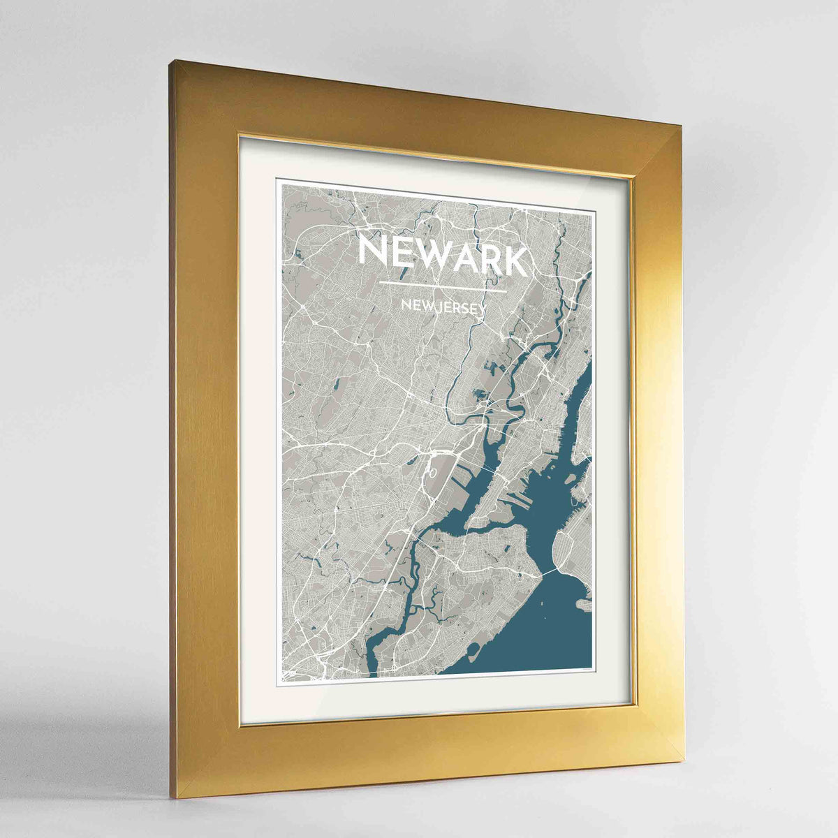 Framed Newark Map Art Print 24x36&quot; Gold frame Point Two Design Group