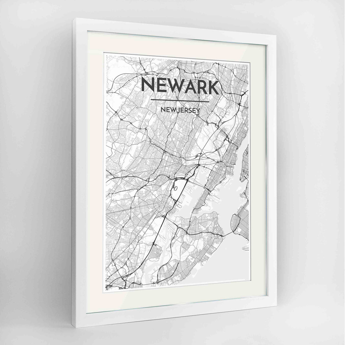 Framed Newark Map Art Print 24x36&quot; Contemporary White frame Point Two Design Group