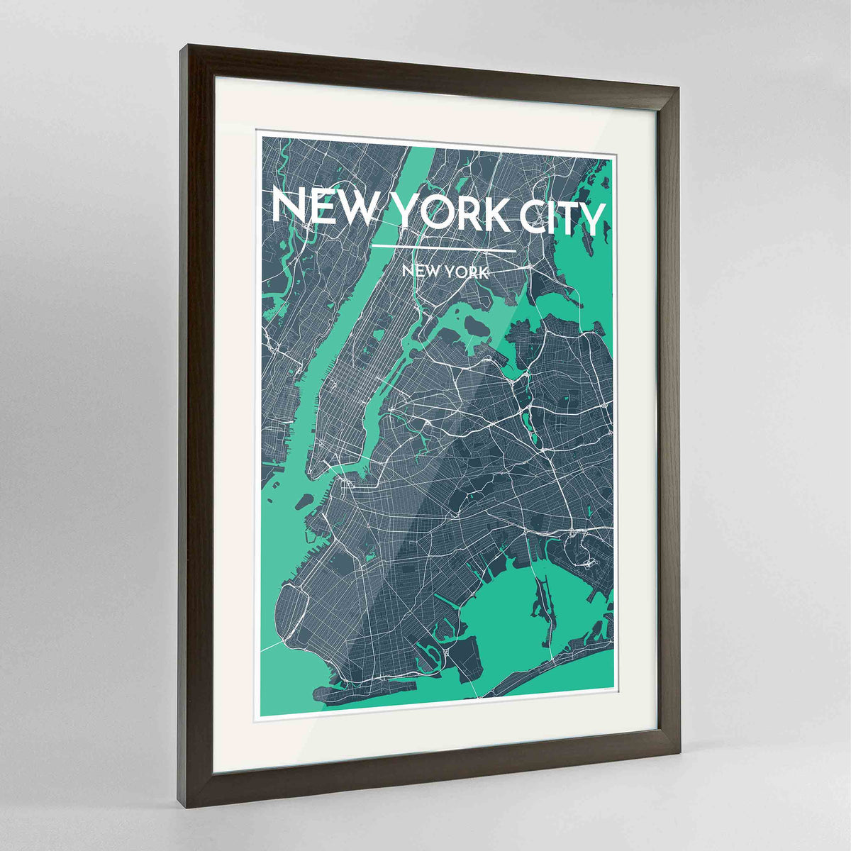 Framed New York Map Art Print 24x36&quot; Contemporary Walnut frame Point Two Design Group