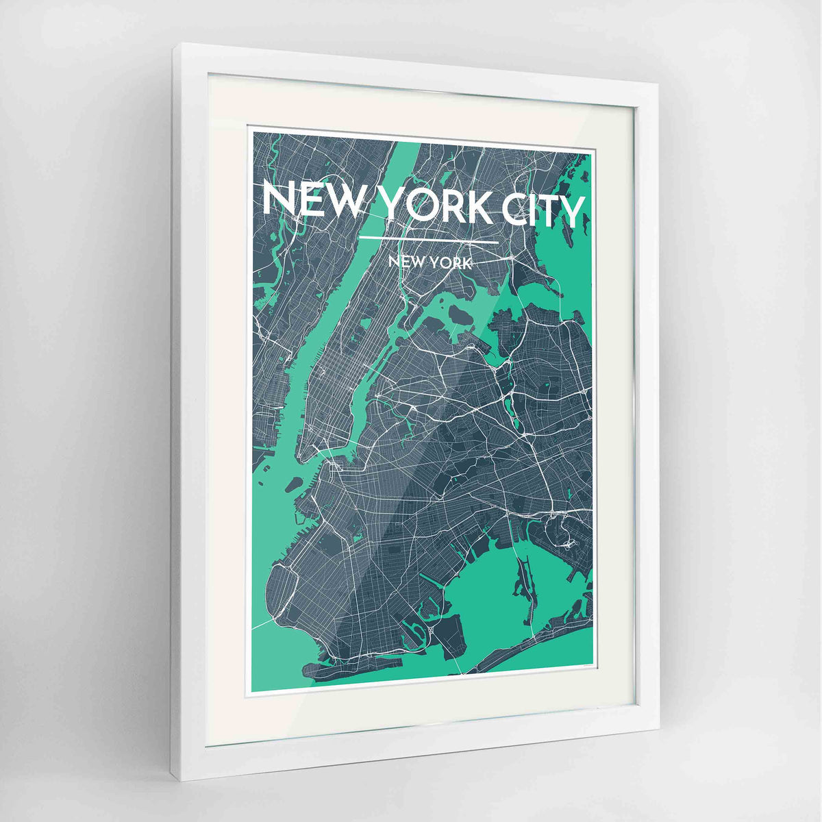 Framed New York Map Art Print 24x36&quot; Contemporary White frame Point Two Design Group