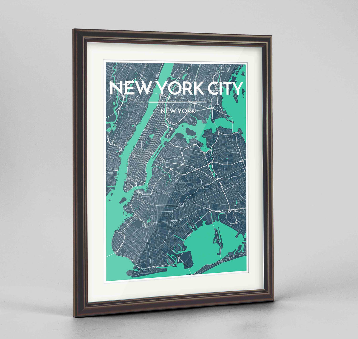 Framed New York Map Art Print 24x36&quot; Traditional Walnut frame Point Two Design Group