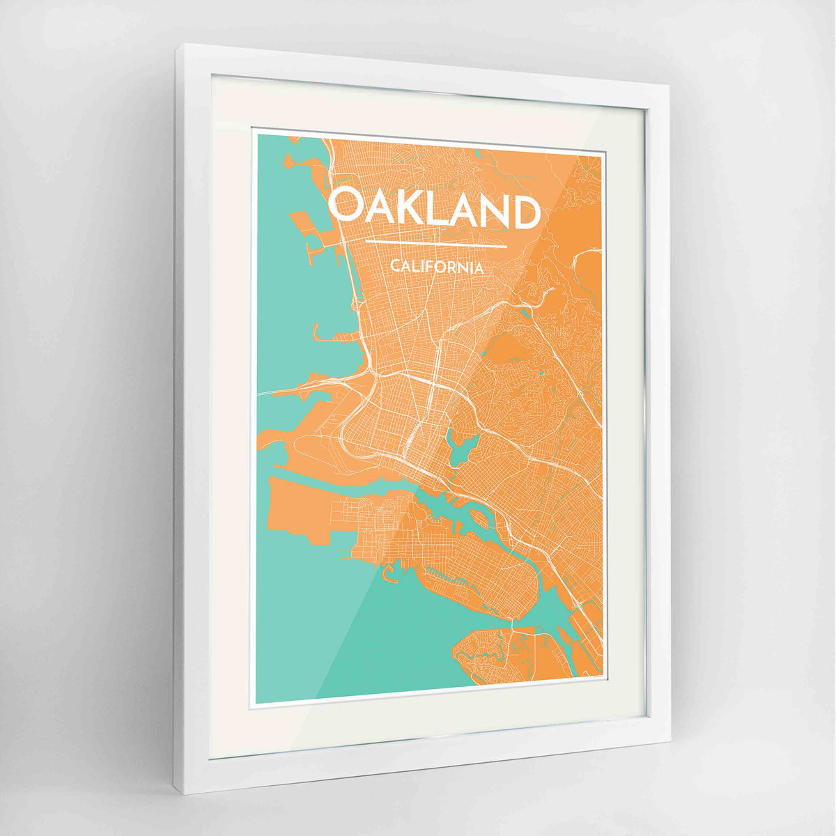 Framed Oakland Map Art Print 24x36&quot; Contemporary White frame Point Two Design Group