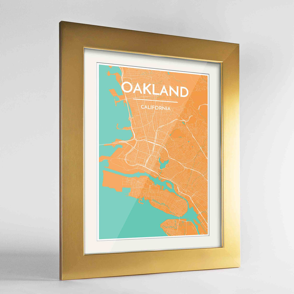 Framed Oakland Map Art Print 24x36&quot; Gold frame Point Two Design Group