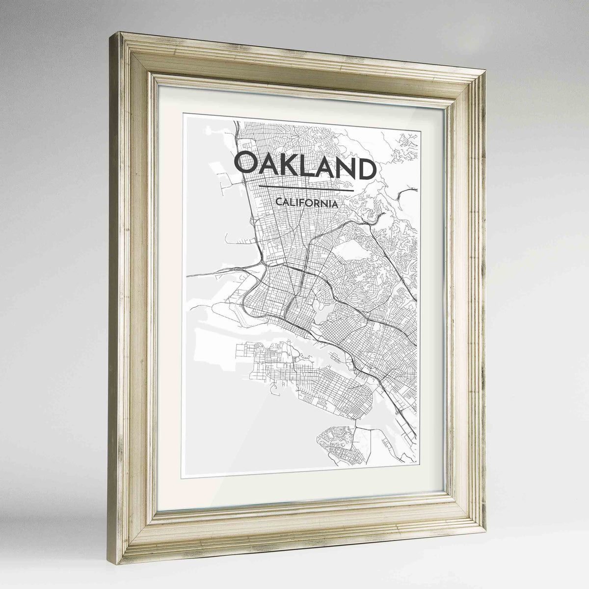 Framed Oakland Map Art Print 24x36&quot; Champagne frame Point Two Design Group