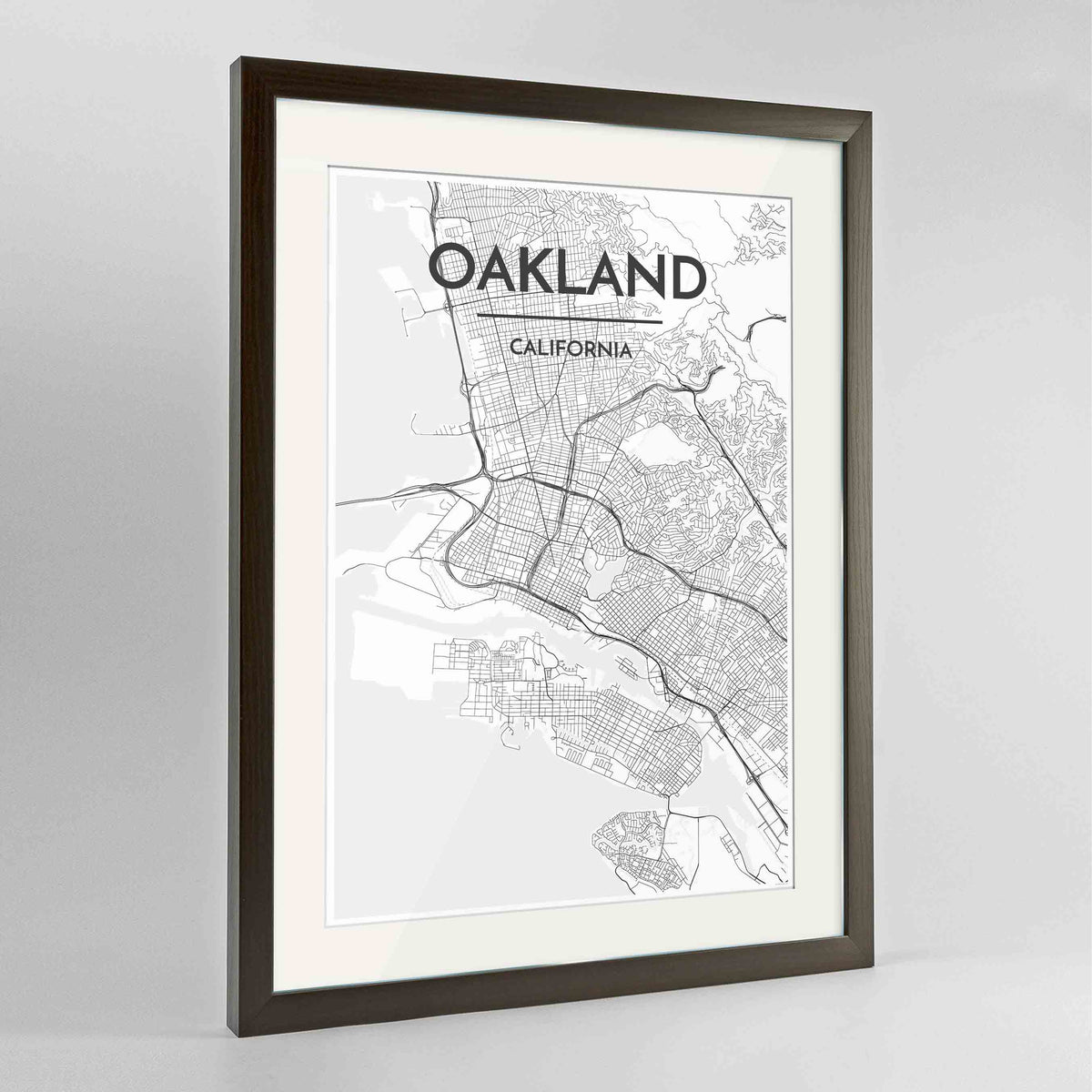 Framed Oakland Map Art Print 24x36&quot; Contemporary Walnut frame Point Two Design Group