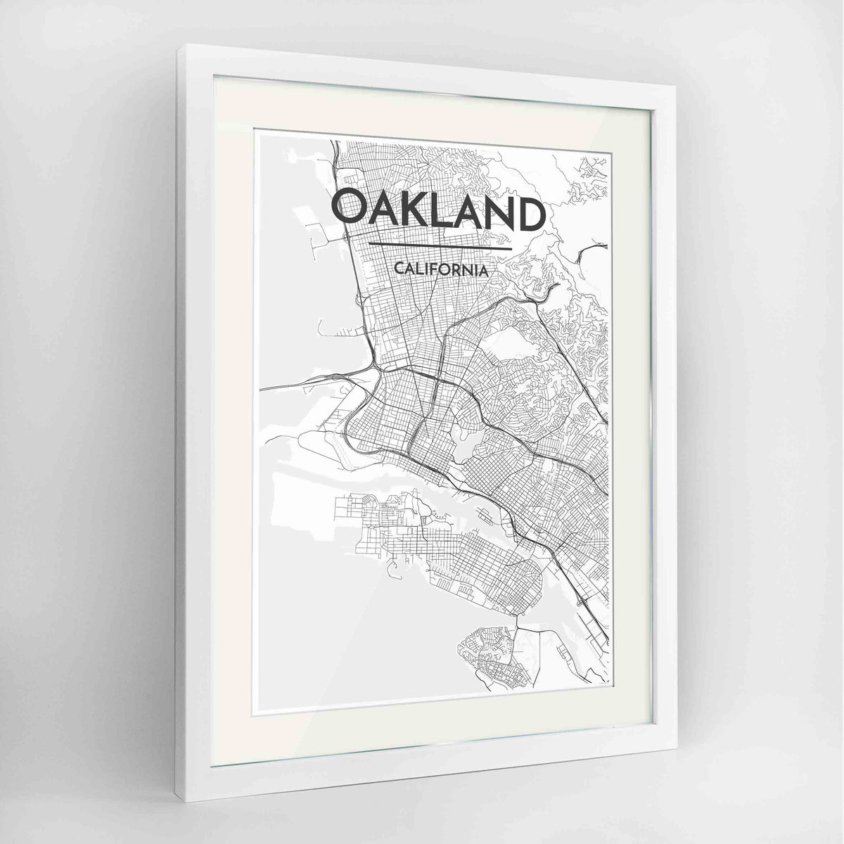 Framed Oakland Map Art Print 24x36&quot; Contemporary White frame Point Two Design Group