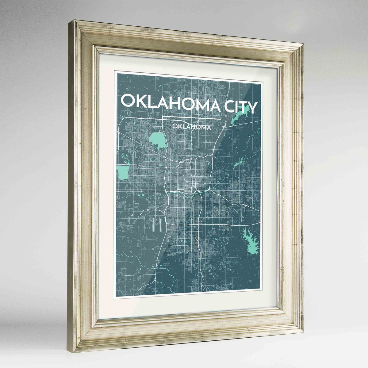 Framed Oklahoma Map Art Print 24x36&quot; Champagne frame Point Two Design Group
