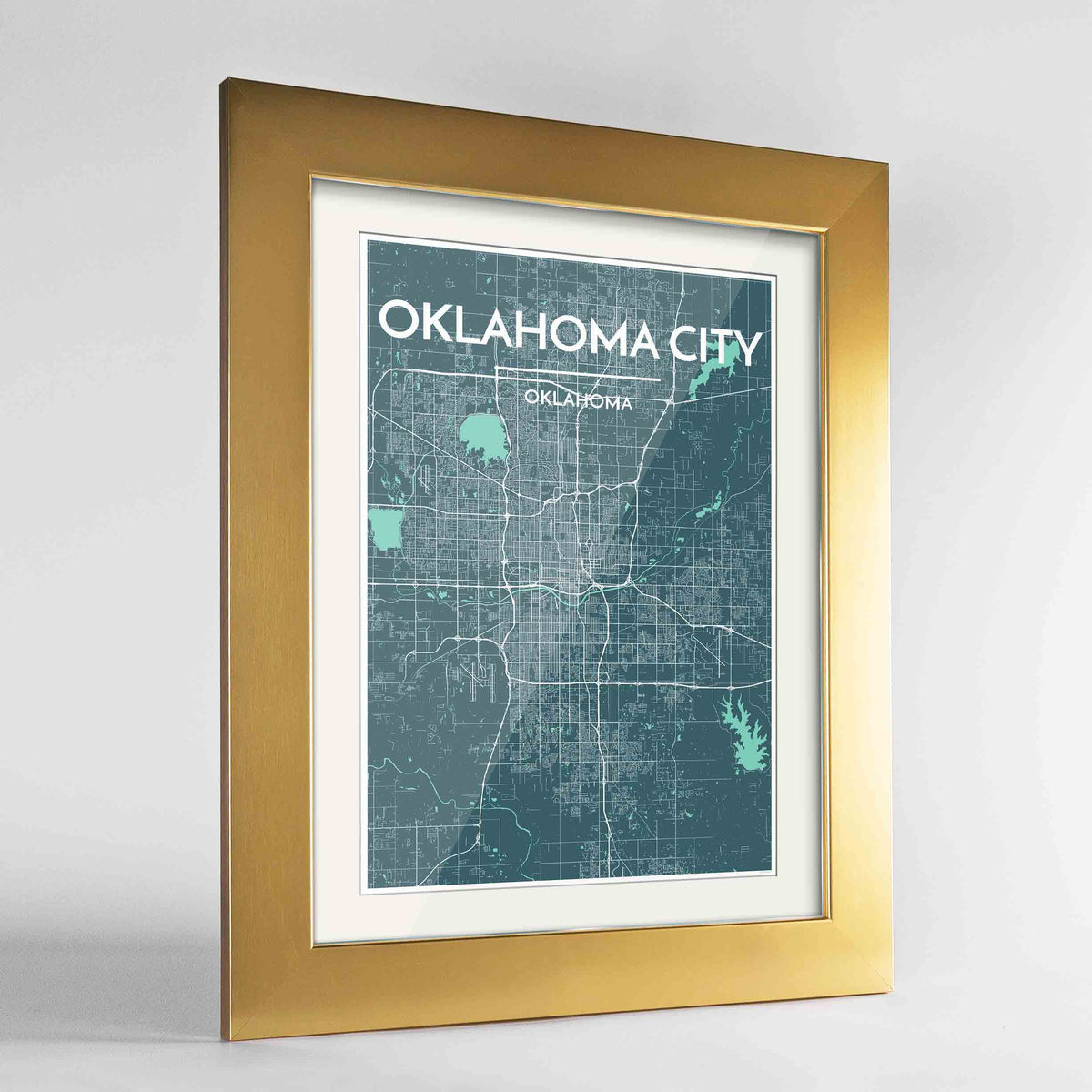 Framed Oklahoma Map Art Print 24x36&quot; Gold frame Point Two Design Group