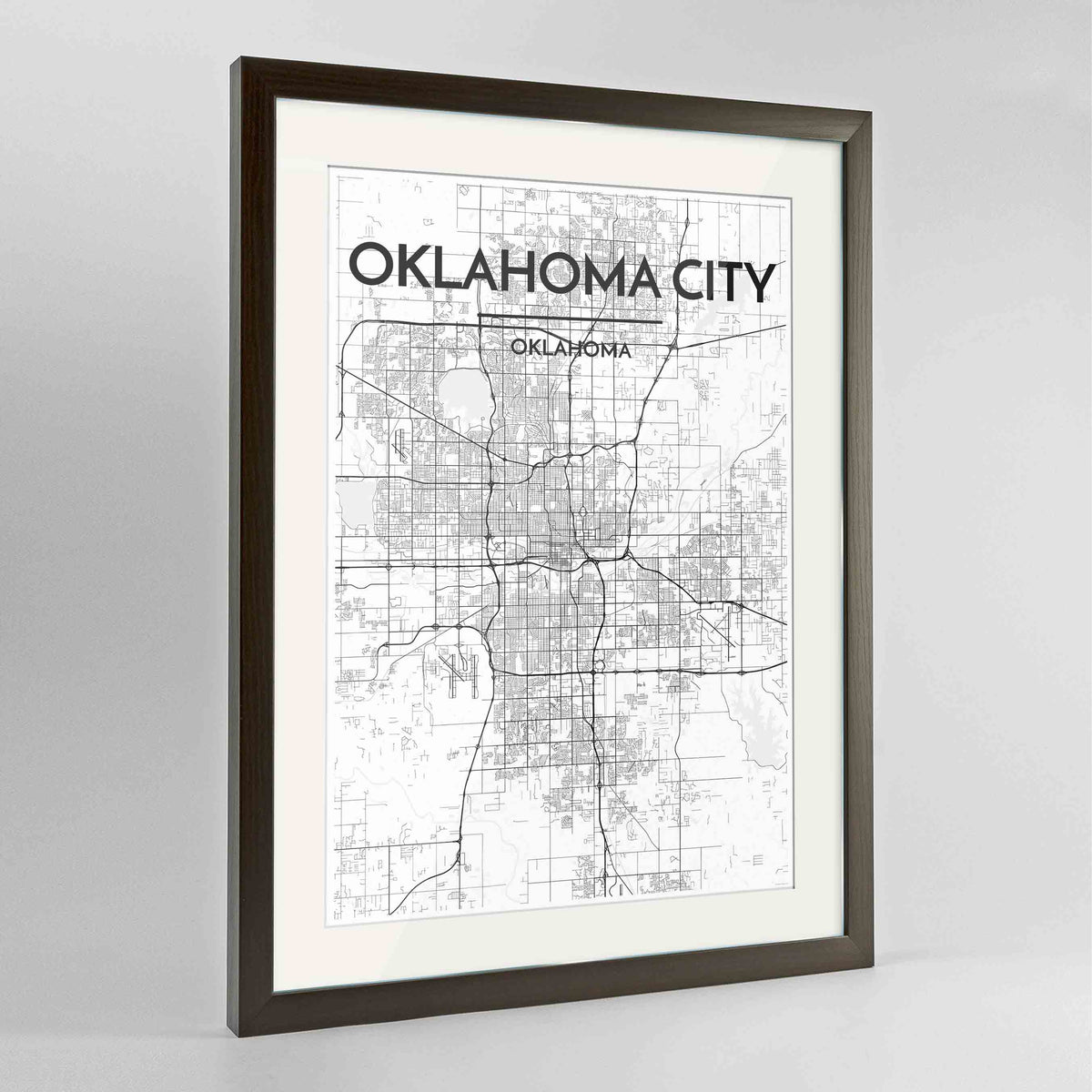 Framed Oklahoma Map Art Print 24x36&quot; Contemporary Walnut frame Point Two Design Group