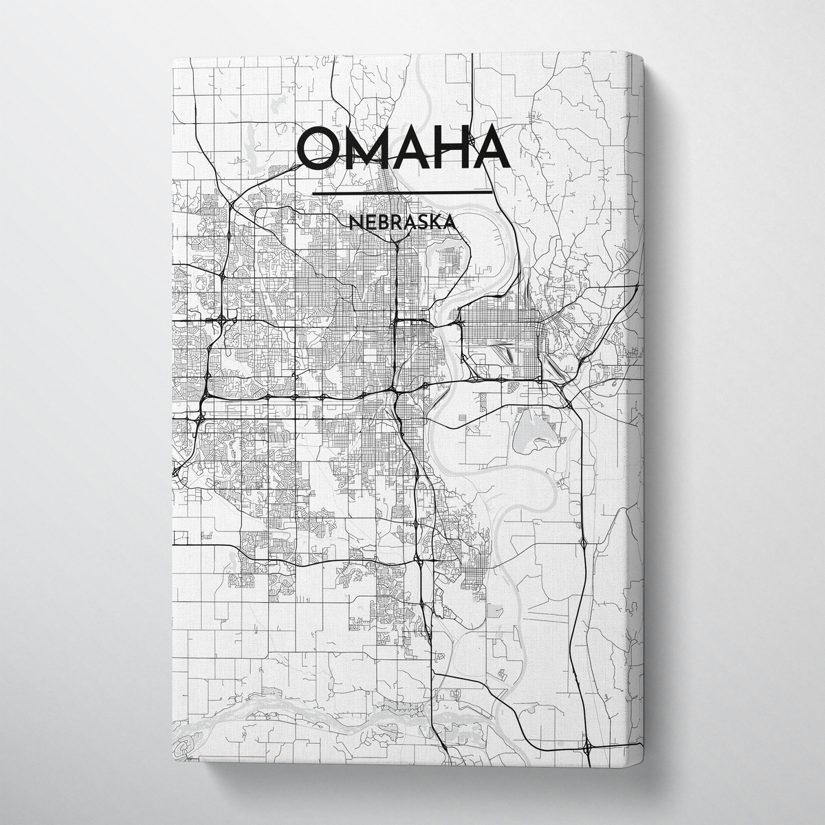 Omaha City Map Canvas Wrap - Point Two Design - Black &amp; White Print
