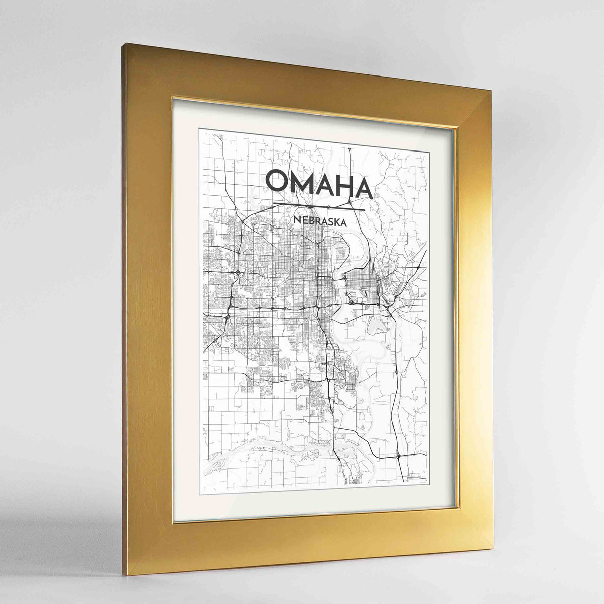 Framed Omaha Map Art Print 24x36&quot; Gold frame Point Two Design Group
