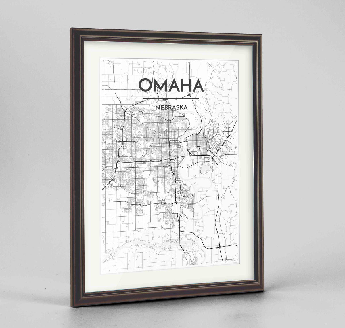 Framed Omaha Map Art Print 24x36&quot; Traditional Walnut frame Point Two Design Group