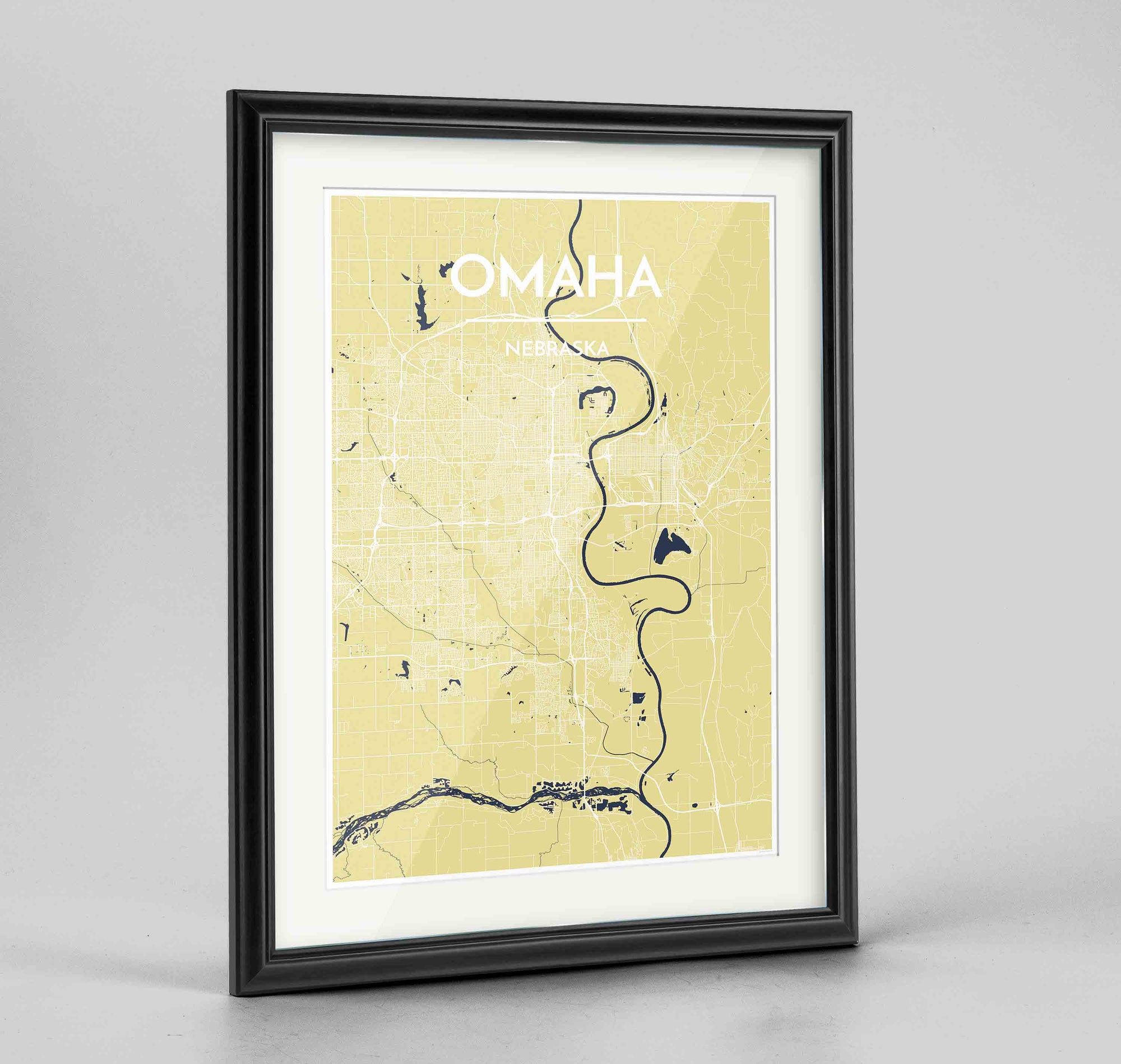 Framed Omaha Map Art Print 24x36" Traditional Black frame Point Two Design Group