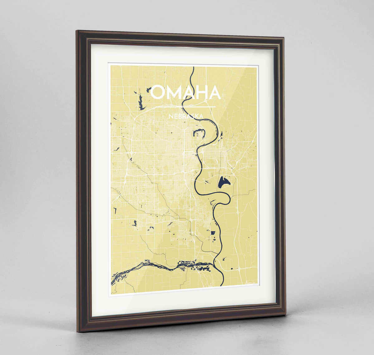 Framed Omaha Map Art Print 24x36&quot; Traditional Walnut frame Point Two Design Group