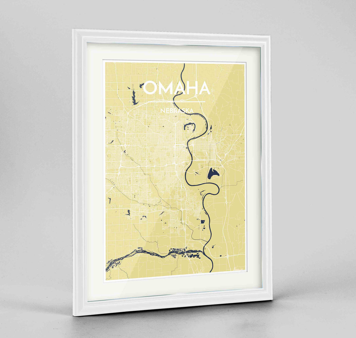 Framed Omaha Map Art Print 24x36&quot; Traditional White frame Point Two Design Group