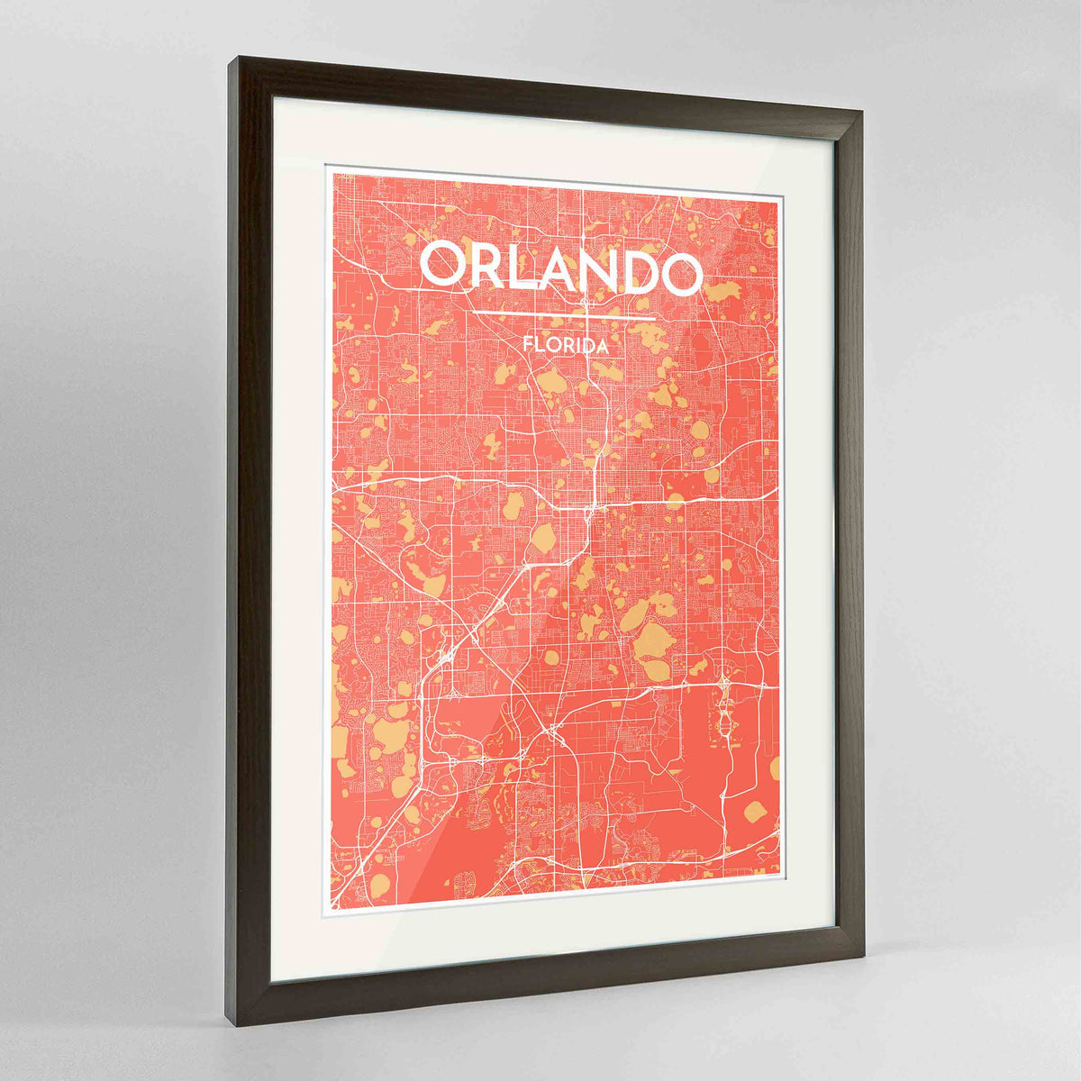 Framed Orlando Map Art Print 24x36&quot; Contemporary Walnut frame Point Two Design Group